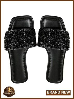 Glitter Jeweled Pearls Beaded Open Toe Slide Sandals